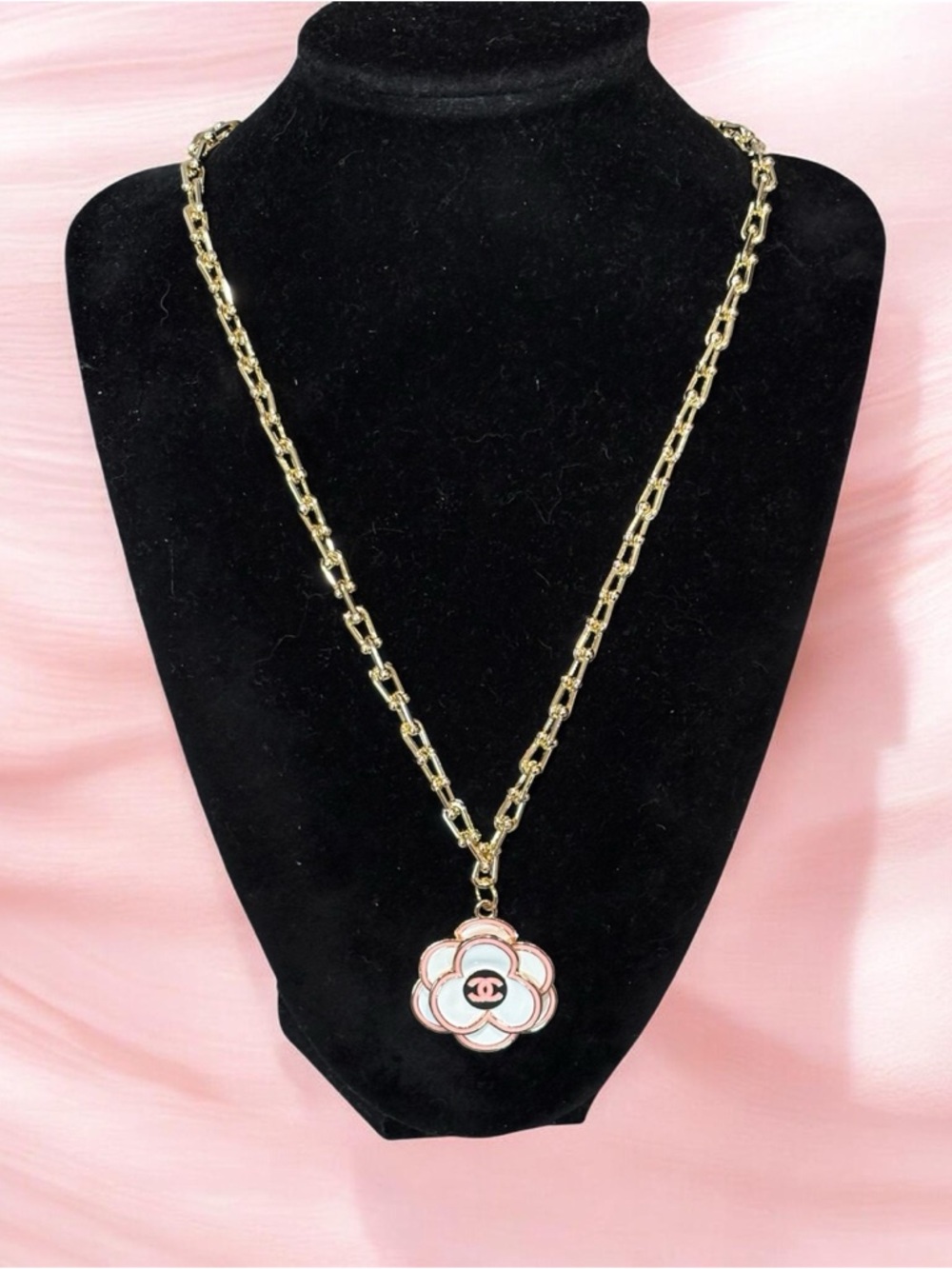 Upcycled Stamped Gold Chain Necklace with Pink and White Camellia Pendant